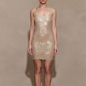 Meshki Jasmyn Hot Fix Mini Dress With Mesh Back Nude